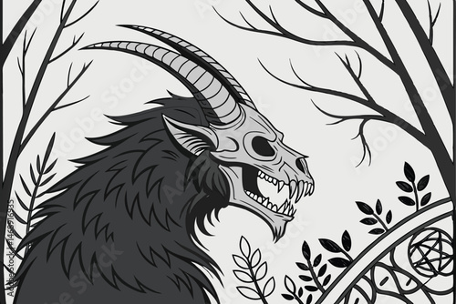 151 dark gothic demonic beast, horned skull creature, monstrous demon with tusks and razor sharp teeth, visceral detailed black and white illustration, highly intricate ornate patterning, grimoire cov