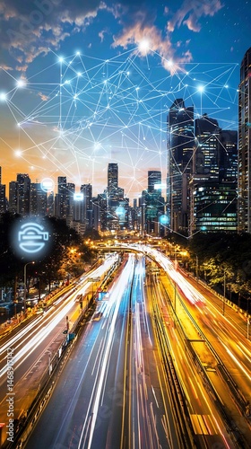 Illuminated metropolis with digital network overlay, representing connectivity and progress