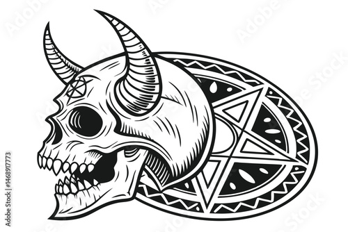 151 dark gothic demonic beast, horned skull creature, monstrous demon with tusks and razor sharp teeth, visceral detailed black and white illustration, highly intricate ornate patterning, grimoire cov
