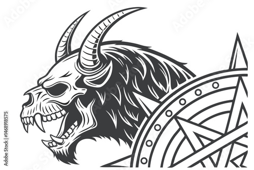 151 dark gothic demonic beast, horned skull creature, monstrous demon with tusks and razor sharp teeth, visceral detailed black and white illustration, highly intricate ornate patterning, grimoire cov