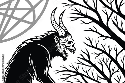 151 dark gothic demonic beast, horned skull creature, monstrous demon with tusks and razor sharp teeth, visceral detailed black and white illustration, highly intricate ornate patterning, grimoire cov
