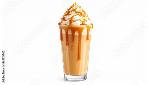 Tall glass of creamy caramel milkshake topped with whipped cream and drizzled with caramel sauce