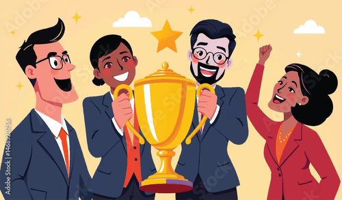 "Corporate teamwork achievement. Playful flat illustration depicting a united group of businesspeople lifting a massive gold cup, representing collaboration and victory. Isolated background."

