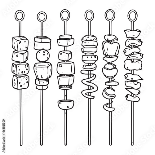 Line Art of Delicious Shashlik Skewers with Vegetables