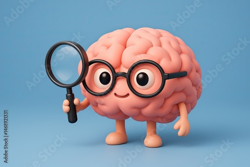 Cute Cartoon Brain Character with Magnifying Glass on Blue Background