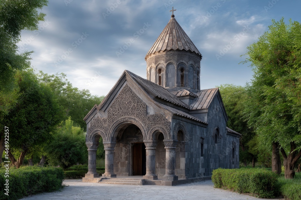 Naklejka premium Stone Church: Serene Armenian Architecture in Lush Landscape