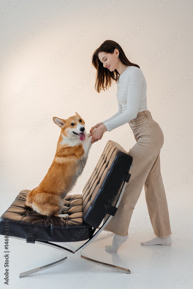 Young woman playing with her corgi dog. Healthy lifestyle and living in an apartment with a pet. Pets concept.