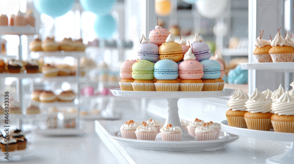 Fototapeta premium Delightful bakery display featuring colorful macarons and cupcakes, creating cheerful atmosphere filled with sweet treats