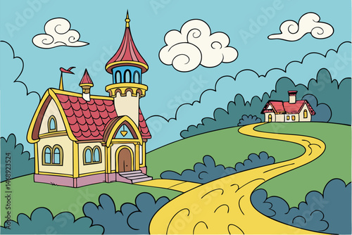 154 a fantastical landscape with a whimsical village, colorful houses with ornate roofs and towers, surrounded by a winding golden path, set against a vibrant blue sky with fluffy clouds, magical and 
