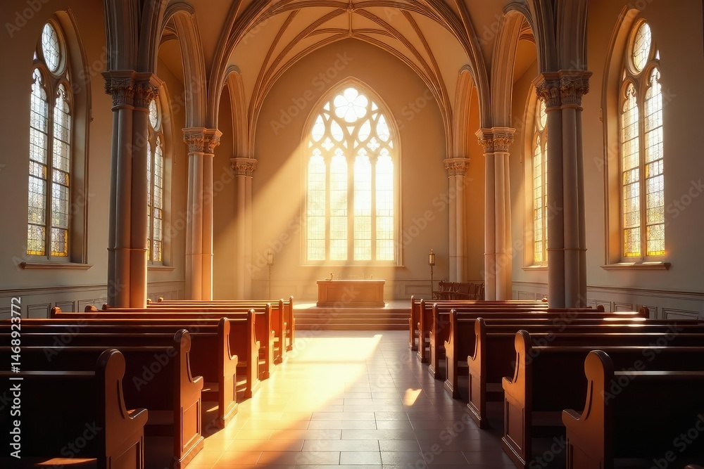 Fototapeta premium A serene church interior bathed in sunlight, focusing on the altar and pews , belief, design, religious service