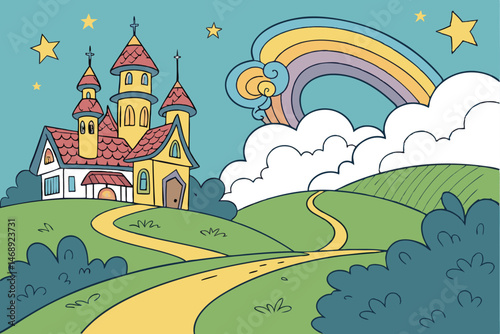 154 a fantastical landscape with a whimsical village, colorful houses with ornate roofs and towers, surrounded by a winding golden path, set against a vibrant blue sky with fluffy clouds, magical and 