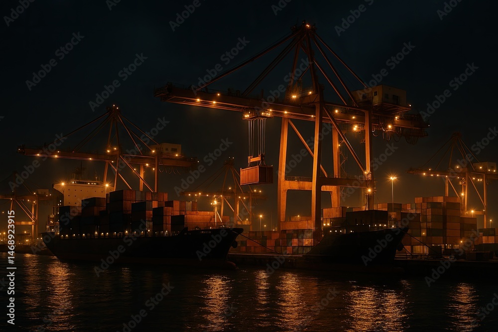 Fototapeta premium Nighttime Dock Operations at a Cargo Port with Illuminated Cranes