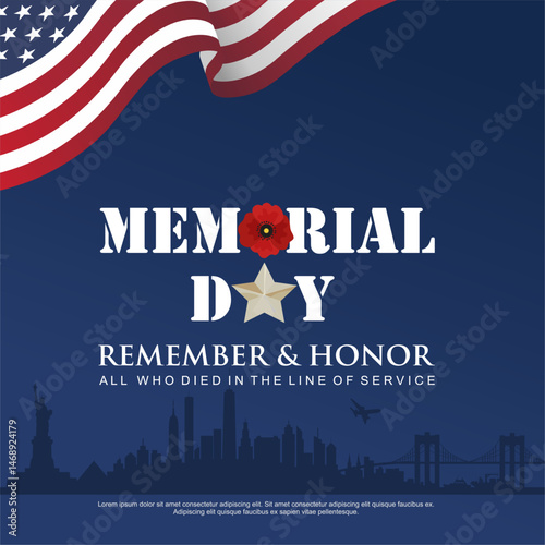 Happy Memorial Day 2025 Concept Design with beautiful New York City Silhouette. Best for 2025 Memorial, Veterans, Patriot and Indepence Day. United States of America pride background