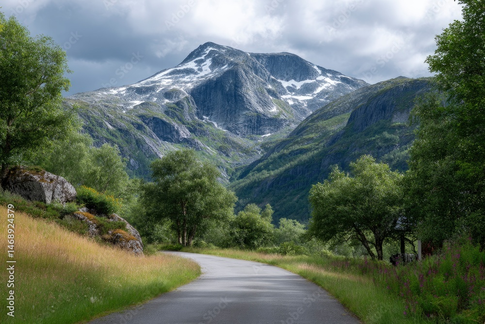 Fototapeta premium Mountain Road Landscape: Serene Nordic Vista
