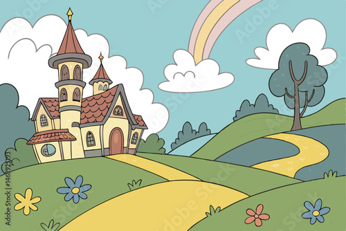 154 a fantastical landscape with a whimsical village, colorful houses with ornate roofs and towers, surrounded by a winding golden path, set against a vibrant blue sky with fluffy clouds, magical and 