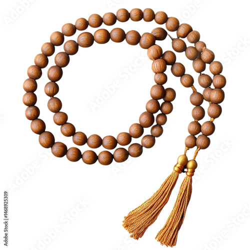 Wooden Prayer Beads with Golden Tassels – Spiritual Mala or Rosary Isolated on Black
