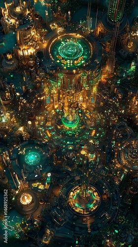 Aerial view of a futuristic metropolis glowing with vibrant lights and intricate structures