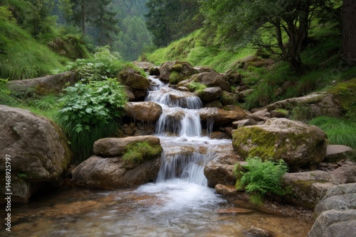 Serene Waterfall Cascading Through Lush Green Valley