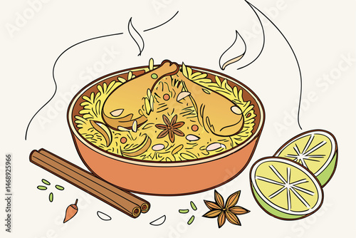 155 biryani indian food, steaming hot rice, spices, chicken, basmati rice, aromatic spices, saffron, cinnamon, cardamom, coriander, cilantro, lime wedge, savory, flavorful, detailed, realistic, 8k, st