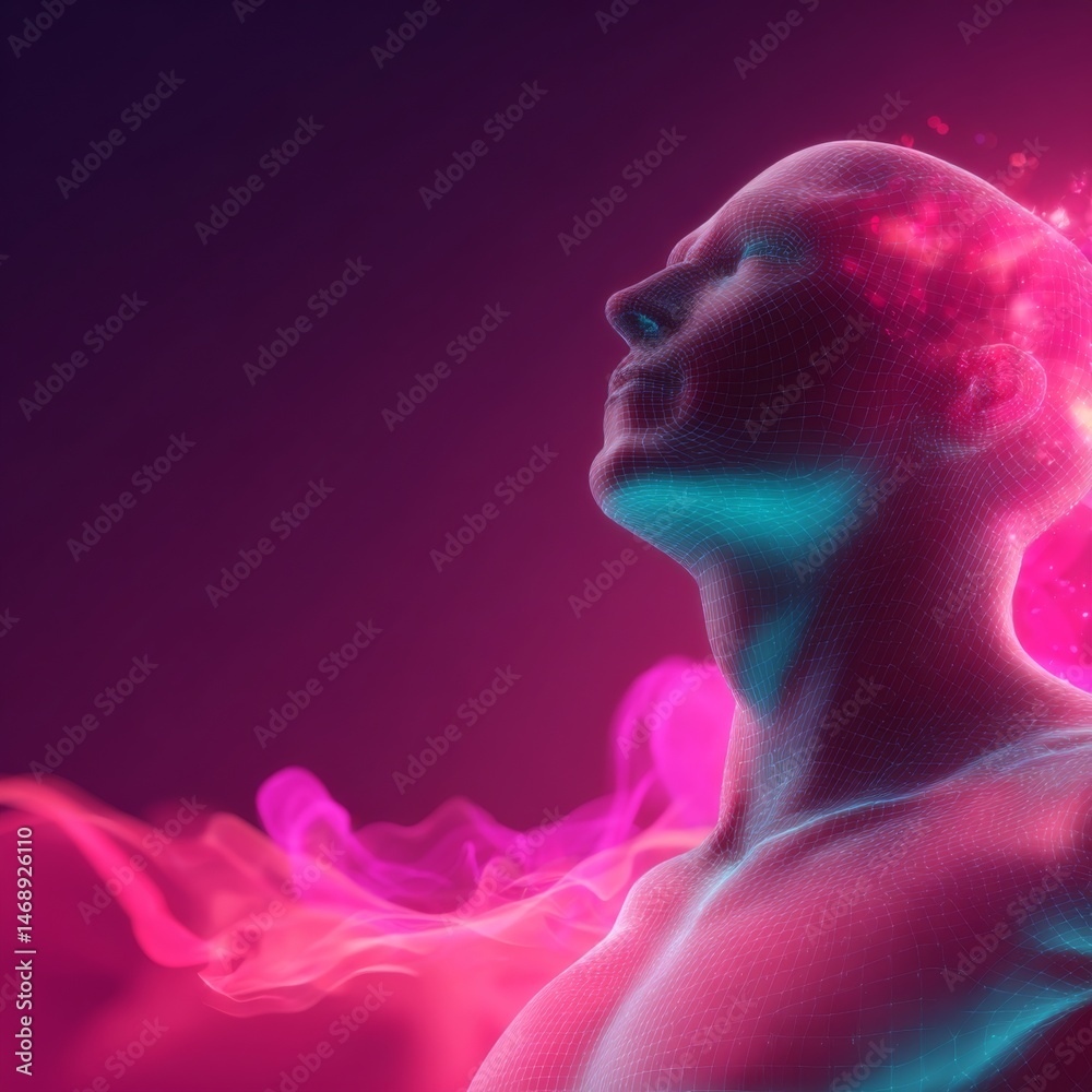 Obraz premium Dynamic human figure dissolving into flowing fiber optics digital art futuristic environment conceptual viewpoint