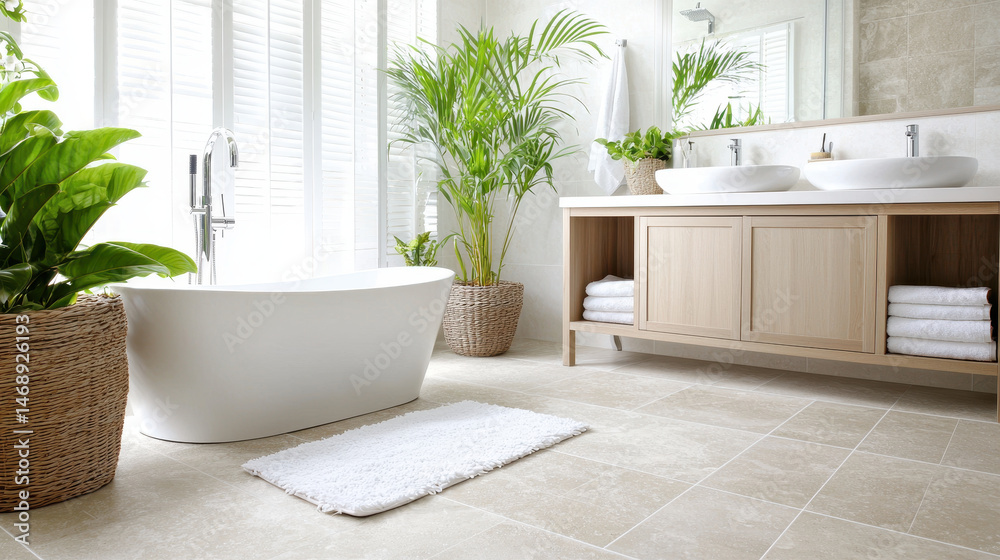 Fototapeta premium Modern bathroom featuring freestanding bathtub, double sinks, and lush green plants, creating serene and inviting atmosphere