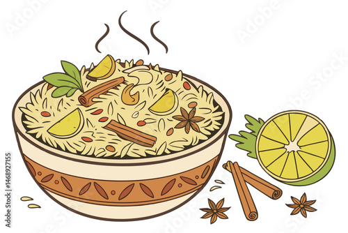 155 biryani indian food, steaming hot rice, spices, chicken, basmati rice, aromatic spices, saffron, cinnamon, cardamom, coriander, cilantro, lime wedge, savory, flavorful, detailed, realistic, 8k, st
