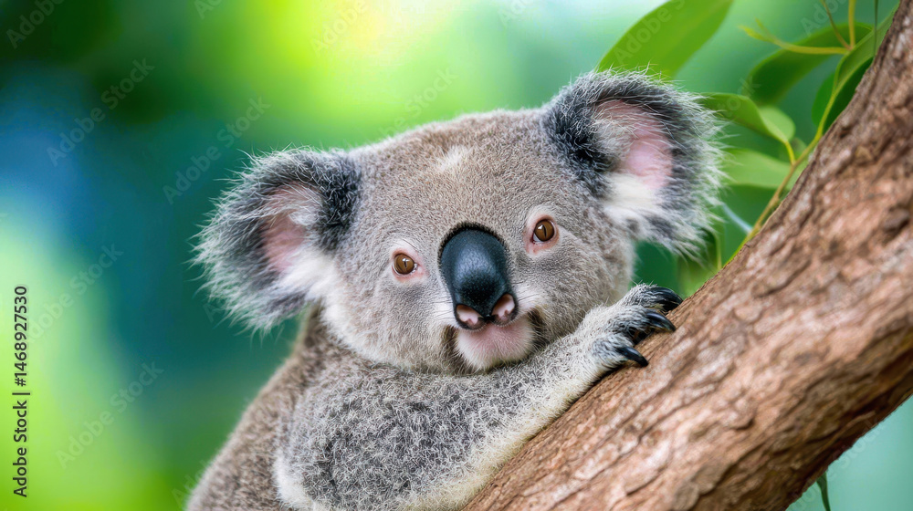 Fototapeta premium Close up wildlife photo of koala resting on tree branch, showcasing its adorable features and soft fur in natural setting