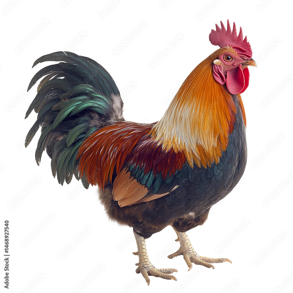 Fototapeta premium A vibrant wyandotte rooster with colorful plumage isolated on a transparent background, showcasing its striking features, wyandotte rooster,isolated transparent background