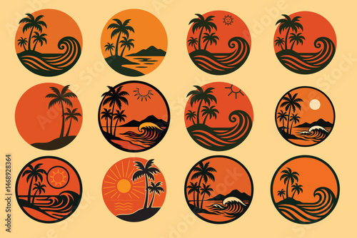 A set of twelve round illustrations depicting idyllic tropical beach scenes. A set of twelve round illustrations depicting idyllic tropical beach scenes.