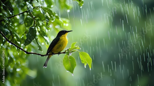 A sunbird perched on a drooping branch, with rain pouring down from the sky, causing the leaves to shimmer and the bird to fluff its feathers.