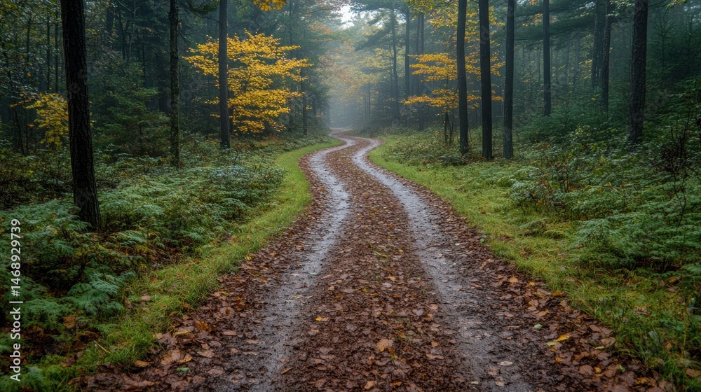 Obraz premium Autumnal Forest Path: A Serene Journey Through Golden Leaves and Misty Woods