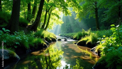 Sun-dappled stream, emerald canopy, tranquil flow, clear, foliage