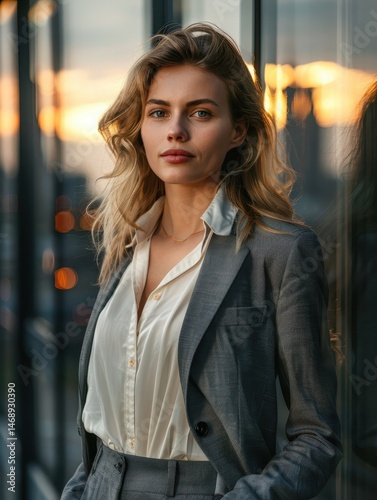 Elegant Businesswoman Posing in Modern Office at Sunset
