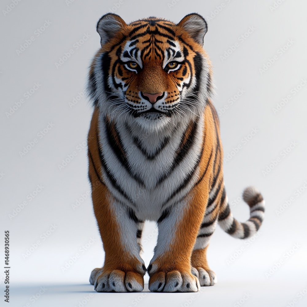 Fototapeta premium Striking tiger standing confidently on a light background showcasing its vibrant fur and powerful stance