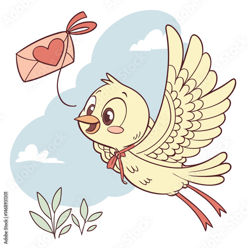 Cute Flying Baby Bird with Heart Sticker for Valentines Day Design Adobe Illustrator Artwork