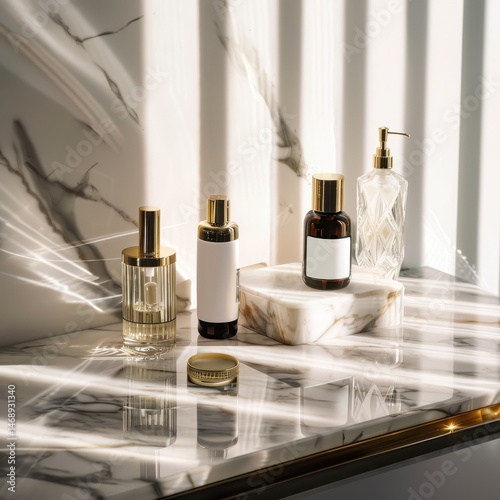 Elegant Display of Perfume Bottles on Marbled Surface with Light
