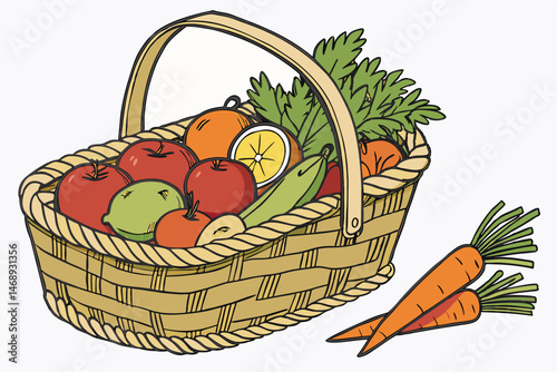 157 a wicker basket filled with various fruits and vegetables, including apples, oranges, limes, tomatoes, parsley, and carrots, arranged in a visually appealing manner, high quality, detailed, photor