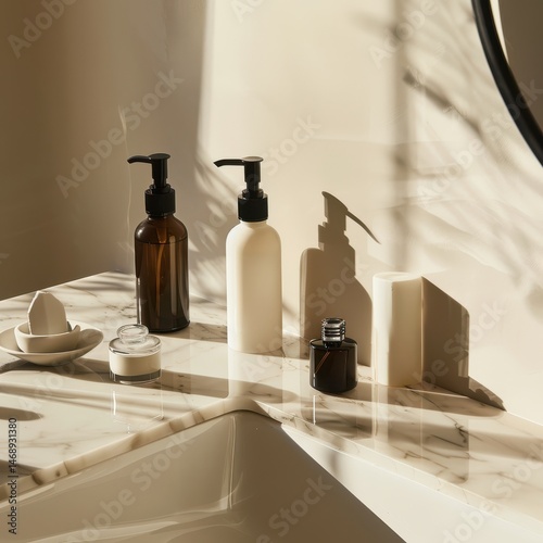 Elegant Bathroom Setting with Skincare Products on Marble Surface