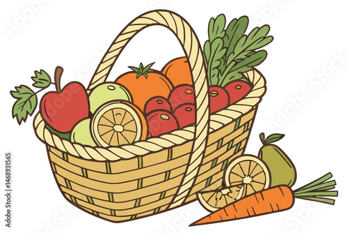 157 a wicker basket filled with various fruits and vegetables, including apples, oranges, limes, tomatoes, parsley, and carrots, arranged in a visually appealing manner, high quality, detailed, photor