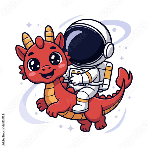 cartoon character astronaut rides red dragon