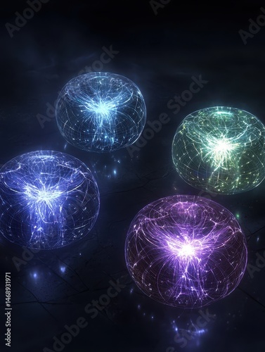Colorful Abstract Spheres with Light Patterns and Energy Waves