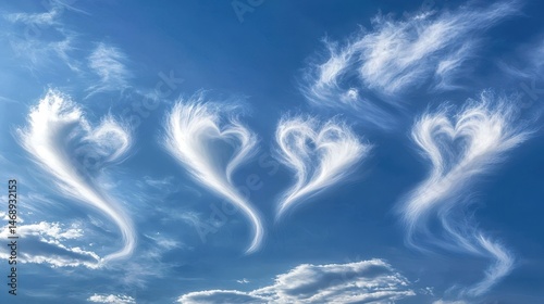 Vibrant Heart-Shaped Clouds Against Clear Blue Sky with Soft Feel
