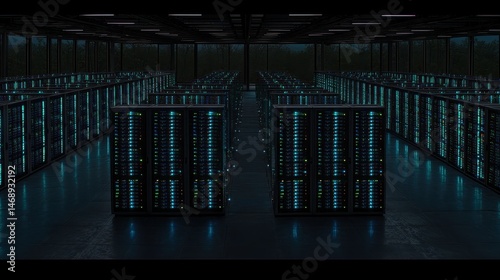 Futuristic Server Room with LED Lights and Dark Atmosphere