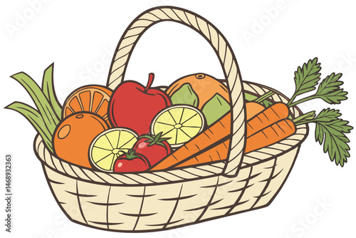 157 a wicker basket filled with various fruits and vegetables, including apples, oranges, limes, tomatoes, parsley, and carrots, arranged in a visually appealing manner, high quality, detailed, photor