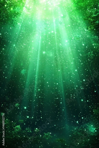 Ethereal Green Light Rays Shining Through Enchanted Forest Canopy