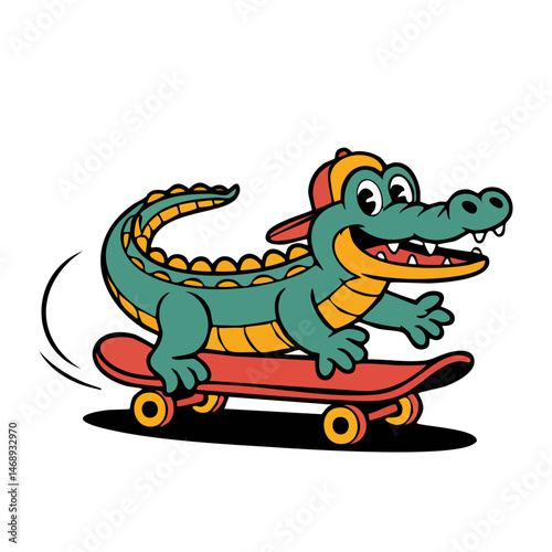 Retro style t shirt design crocodile character playing skateboard