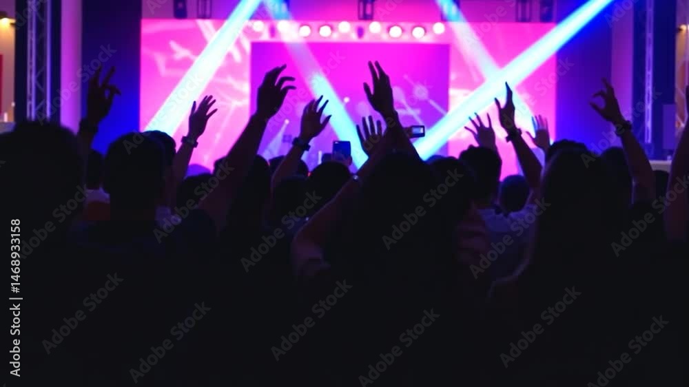 Exciting concert atmosphere with cheering crowd and vibrant stage lights Exciting concert atmosphere with cheering crowd and vibrant stage lights