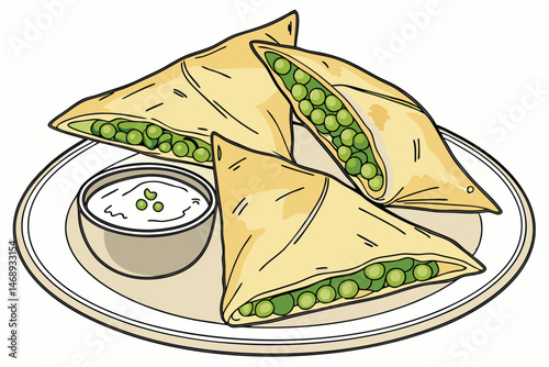 158 savory pastry triangles, filled with green peas, on a white plate, with a sauce or dip, detailed, appetizing, realistic