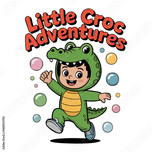 Retro style t shirt design little boy wearing crocodile costume