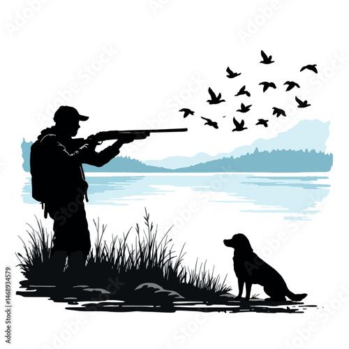 Vsai hunter shooting birds with rifle near lake and dog, hunting ducks, outdoor pursuit
